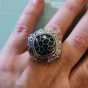 JTV Artisan Gem Collection Bali 14mm Square Cushion Black Fossilized Coral Ring